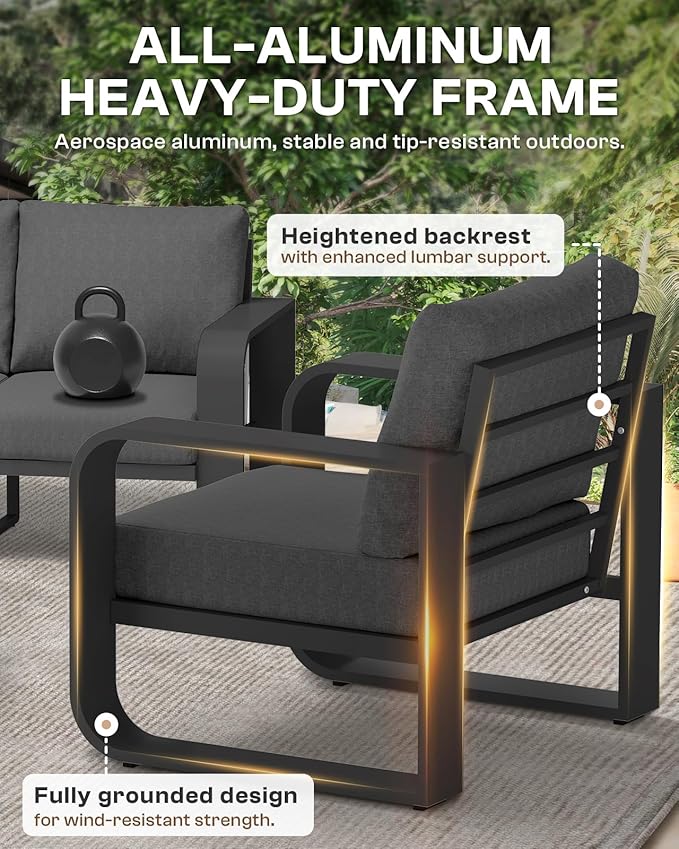 Aluminum Outdoor Sofa Bistro Set, Oversized Patio Conversation Sets Widened Armrest & Ultra-Thick Cushions, Deep Seating Patio Furniture Set for Backyard, Porch, Graphite