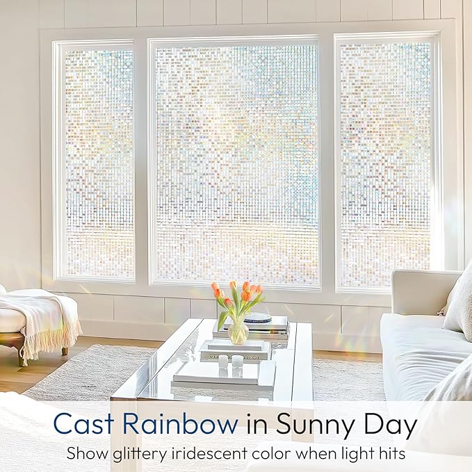 rabbitgoo Window Privacy Film Stained Glass Window Film, Mosaic Rainbow Decorative Glass Cling, Removable Static Cling Tint UV Blocking, Non-Adhesive Privacy Covering for Home, 17.5 x 78.7 inches