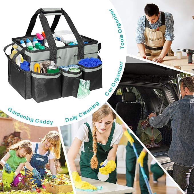 Wearable Cleaning Caddy Bag, Cleaning Caddy Suppliers Organizer with 4 Foldable Dividers, Handle & Shoulder Straps Cleaning Tool Organizers for Cleaners & Housekeeper (Grey)
