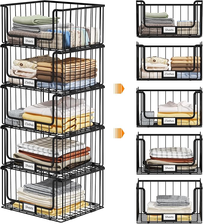 5-Tier Stackable Closet Organizers and Storage, Clothes Shelf Organizer, Foldable Wire Basket Bins, Sweater Storage for Closet and Pantry,11.8" D x 15.7" W, Black