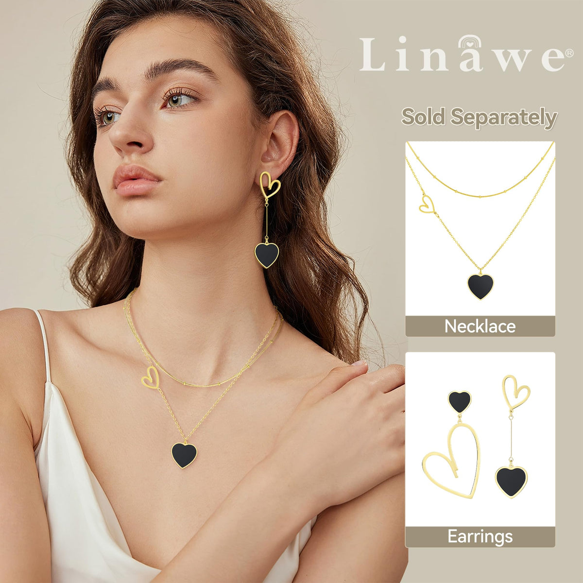 Linawe Gold Black Heart Dangle Earrings for Women Trendy, Asymmetrical Mismatched Cute Drop Earrings Dangling, Titanium Stainles