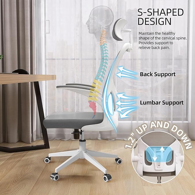 Office Chair Ergonomic Desk Chair, 350 LBS Mesh Office Chair with Lumbar Support, Comfy Desk Chair with Wheels, Big and Tall Chair for Study Work Gaming (03Grey)