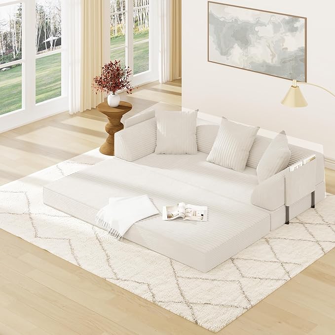 Folding Convertible Sofa Bed with 3 Pillows, 79 " Corduroy Boneless Couch with Armrest Pockets, Lounge Loveseat Sleeper with Pull Out Bed, Memory Foam Compressed Sofa for Living Room Bedroom, Beige