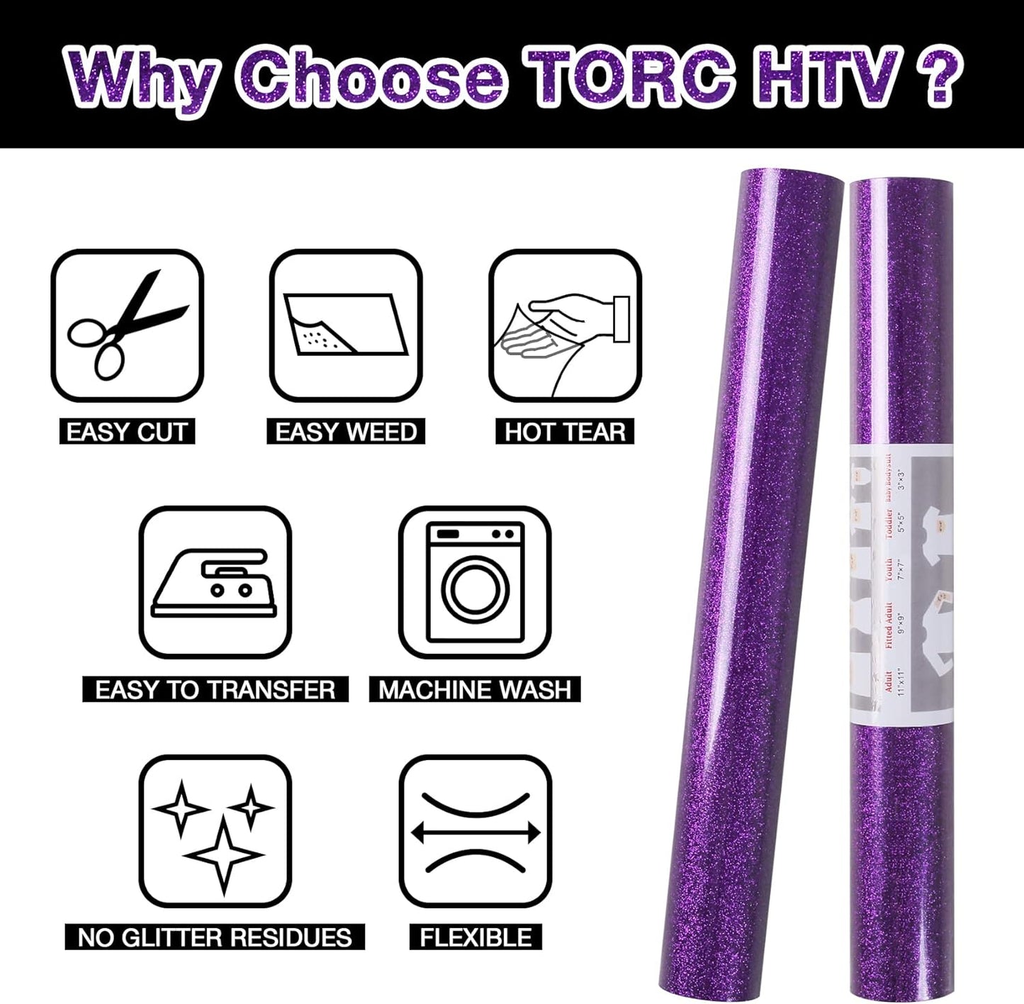 TORC Purple Glitter HTV Heat Transfer Vinyl Roll 12 inch x 5 ft Iron on Vinyl for T Shirts Crafts