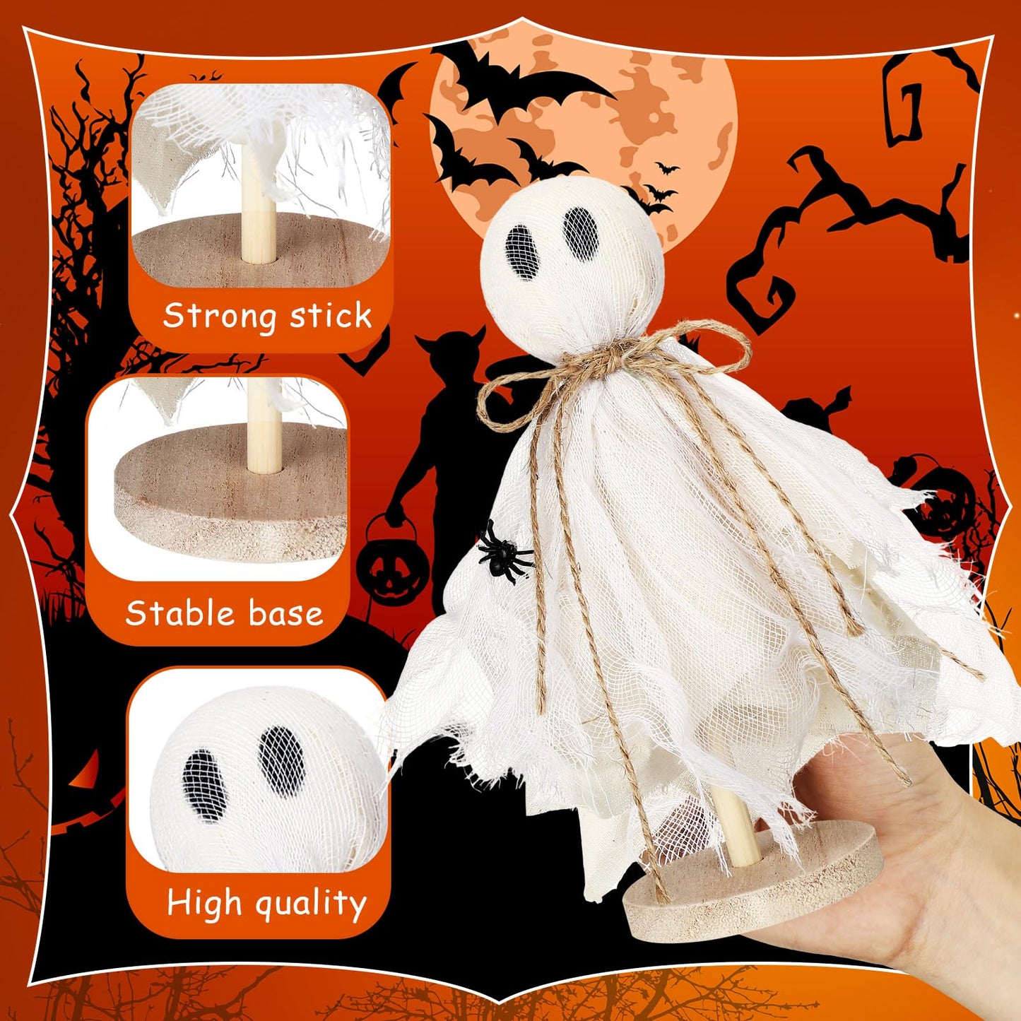 Redbaker 3 Pcs Halloween Decorations Indoor Primitive Halloween Ghost on Wooden Stand Spooky Ghost Tiered Tray Decor Rustic Table Centerpiece for Home Office Mantel Shelf Party Supplies(Beige)