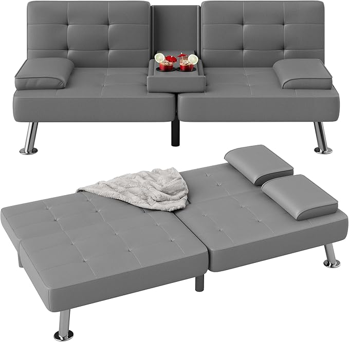 Flamaker Futon Sofa Bed Modern Folding Futon Set PU Leather Convertible Recliner Lounge for Living Room with 2 Cup Holders, Removable Armrests (PU Leather, Grey)