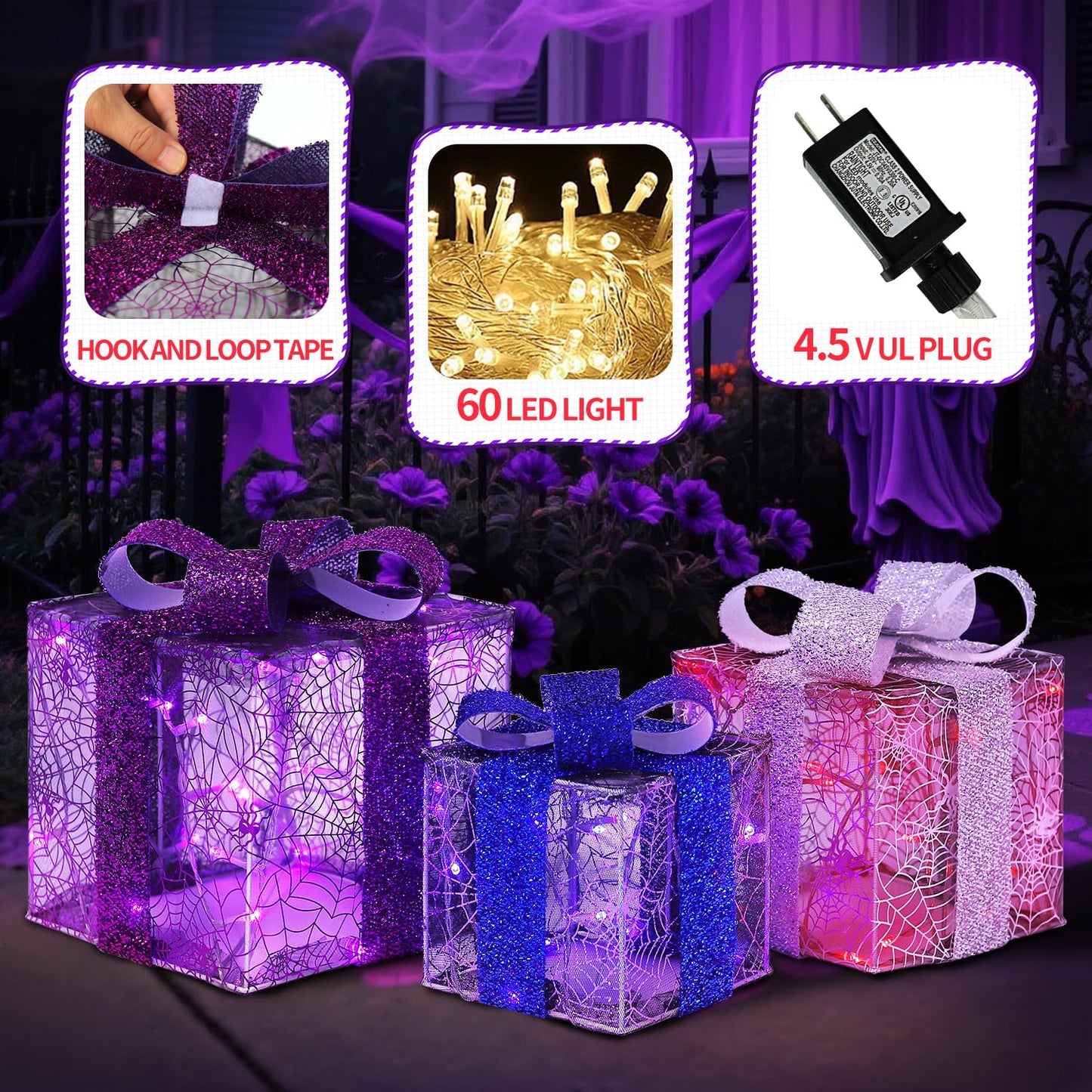 Set of 3 Halloween Lighted Gift Boxes Decorations - 60 LEDs Spider Web Halloween Present Boxes with Creepy Crawler, Warm White Light Home Party Favors for Haunted House