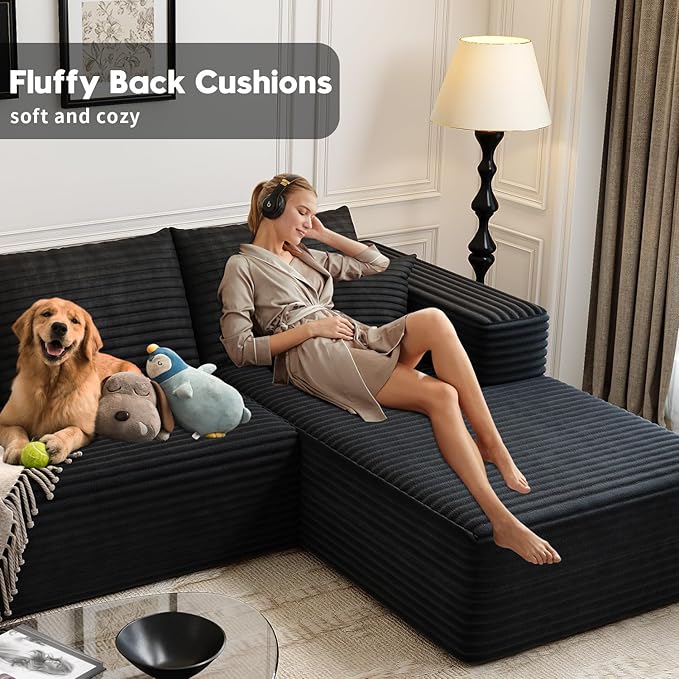 107.5" Cloud Modular Sectional Sofa Couch with L-Shape Chaise,Modern Minimalist Upholstered Couches for Living Room Bedroom,Deep Seat Corner Couch，No Assembly Required (Black,Right Facing Chaise)