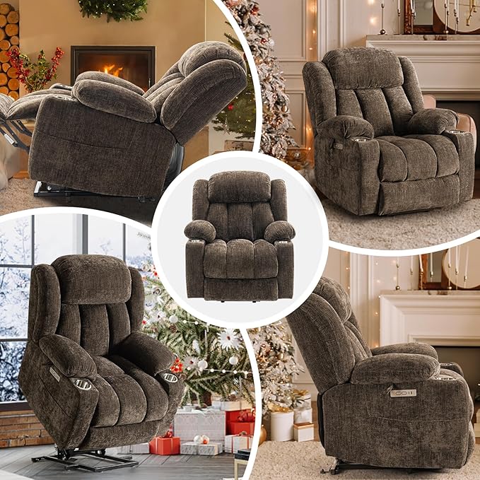 ABCASA Large Power Lift Chairs Recliners for Elderly Set of 2 with Heated and Massage, Upgraded Chenille Lift Chairs Recliners, USB-A and USB-C, Cup Holder, Side Pocket, Brown