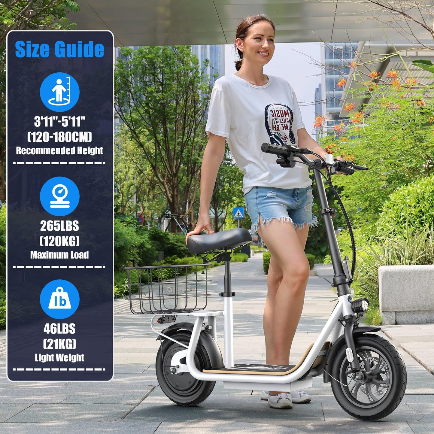 Caroma Peak 800W Electric Scooter with Seat, Electric Scooter Adults with 12" Shock-Absorbing Tires, 375Wh Battery up to 22 Miles&20MPH, Foldable Electric Bike with Seat for Commuting(White)