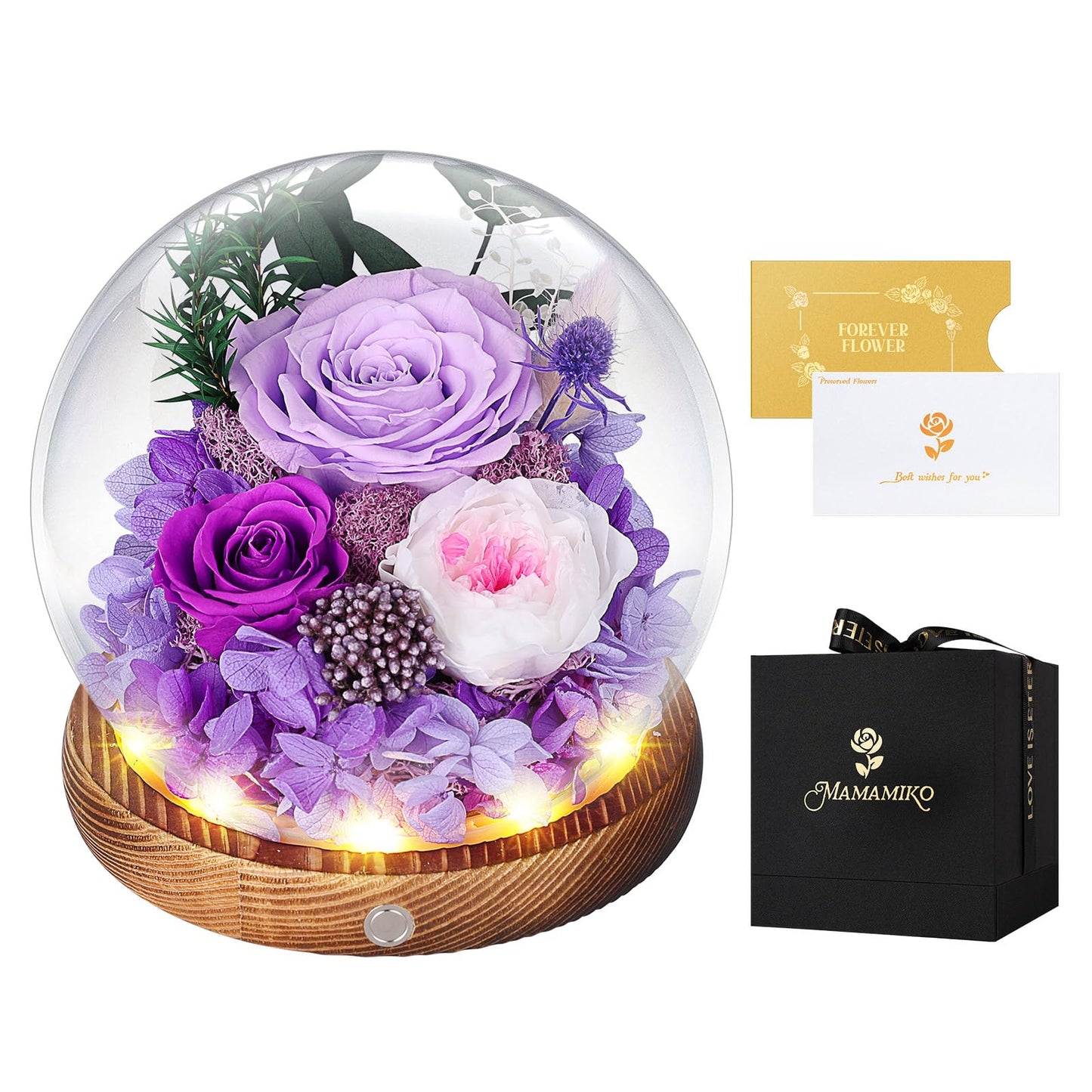 MAMAMIKO Preserved Roses in Glass Dome with LED Light - Long Lasting Real Roses, Forever Flowers for Delivery, Mothers Gifts for Her, Mom, Wife Anniversary Birthday Gifts for Women, Purple