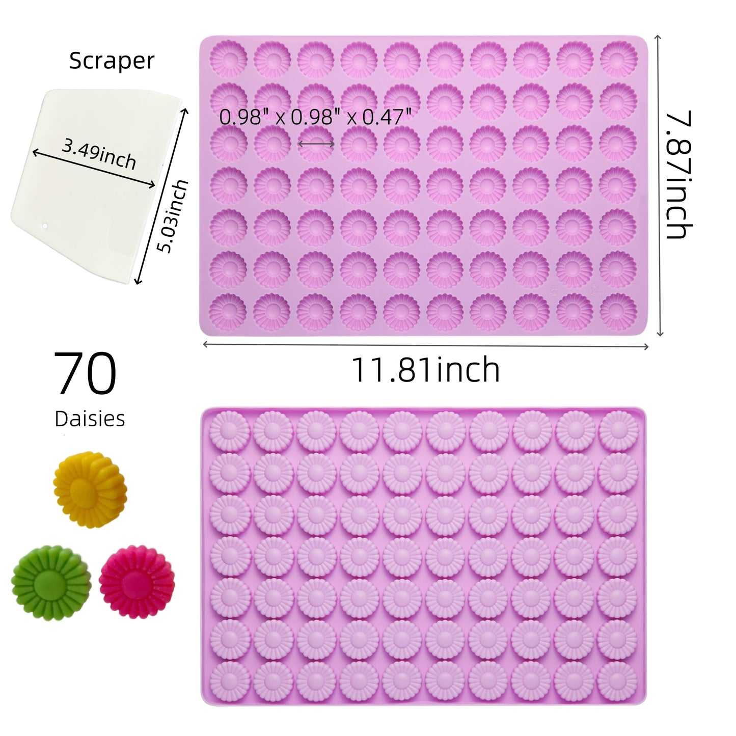 Tadonyny Daisy Flower Chocolate Silicone Molds, Gummy Candy Molds for Cake Decorations, Fondant Mold Silicone with Scraper (flower purple molds 002)
