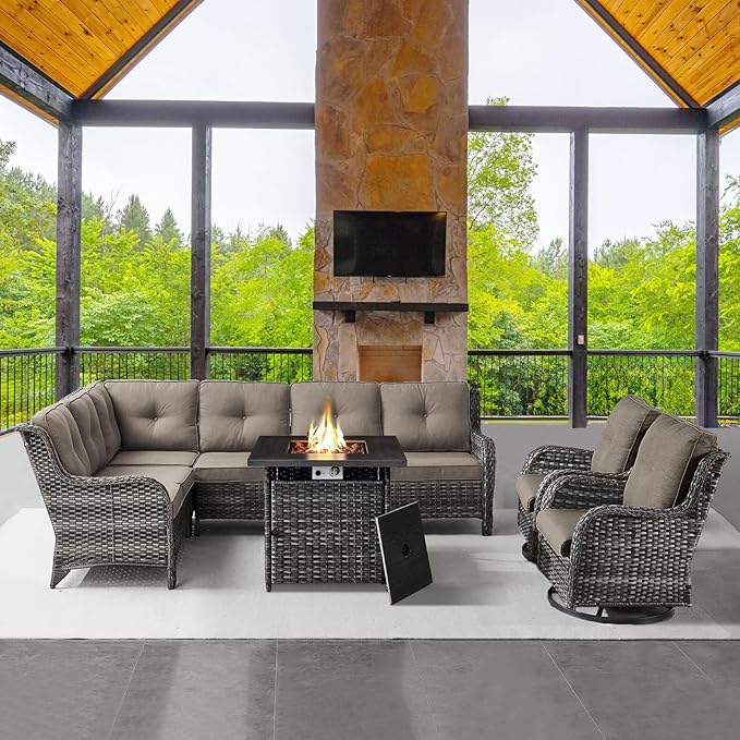 Belord Outdoor Sectional Furniture Sofa Set with Propane Fire Pit Table, Wicker Patio Conversation Set with 2 Swivel Rocker Glider Chairs Grey Cushion Perfect for Backyard Casual Gathering