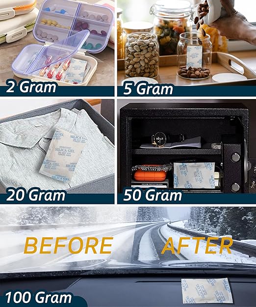 50 Gram (5 Pack) Color-Indicating Silica Gel Packets, Premium Food Grade Desiccant - Rechargeable Moisture Absorbers for Food Storage, Electronics, 3D Filament & Safes