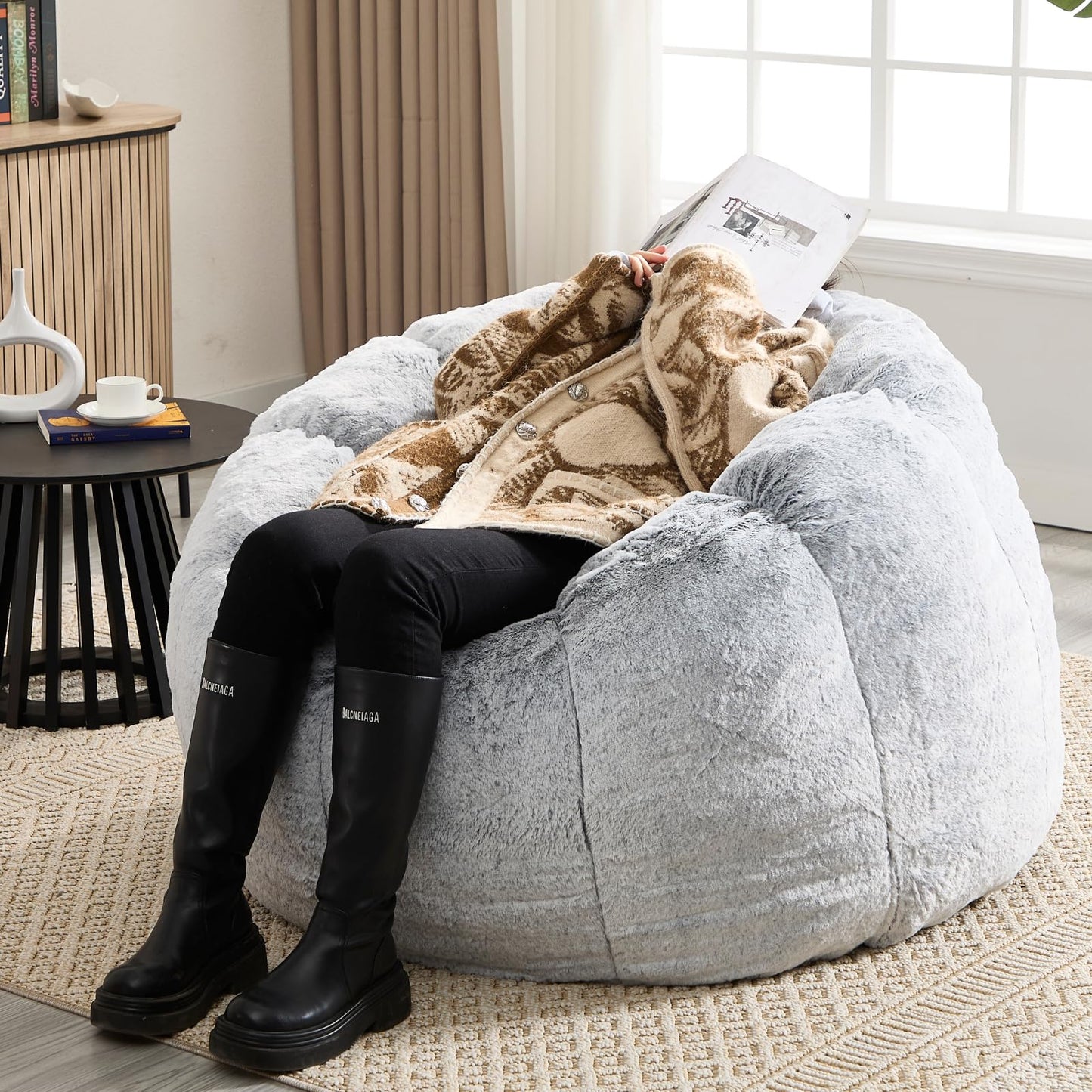 DUOMAY Giant Bean Bag Chair, Faux Fur Cozy Beanbag Chair for Adults, Kids, Round-Shaped Large Bean Bag Couch with Memory Foam for Living Room, Bedroom, Dorm, Grey