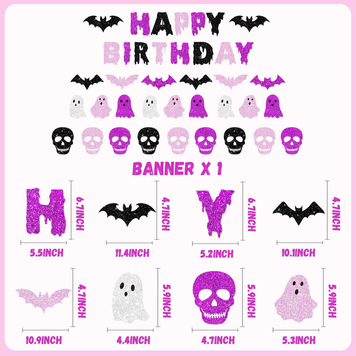 Pink and Black Happy Halloween Birthday Decorations, Glitter Banner Ghost Garland Bat Skeleton Garland, Spooky Decorations for Boy Girl Halloween Birthday Party Supplies