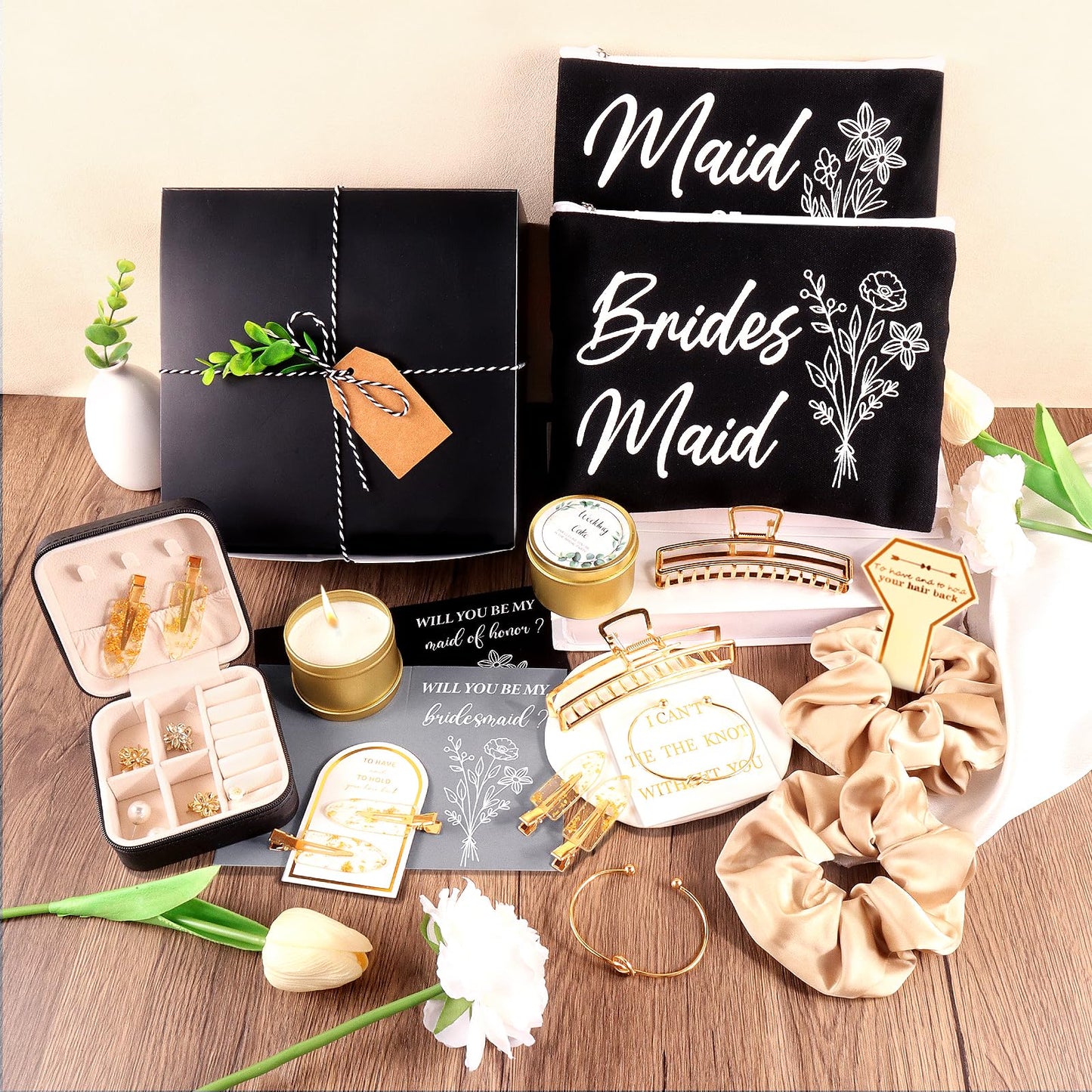 CITYCHALET 37Pcs Bridesmaid Gifts Set of 3 Black,Maid of Honor Proposal Gift Boxes Set,Cosmetic Bag Scented Candle Jewelry Box Metal Hair Clip Knot Bracelet Bachelorette Party Bridal Shower