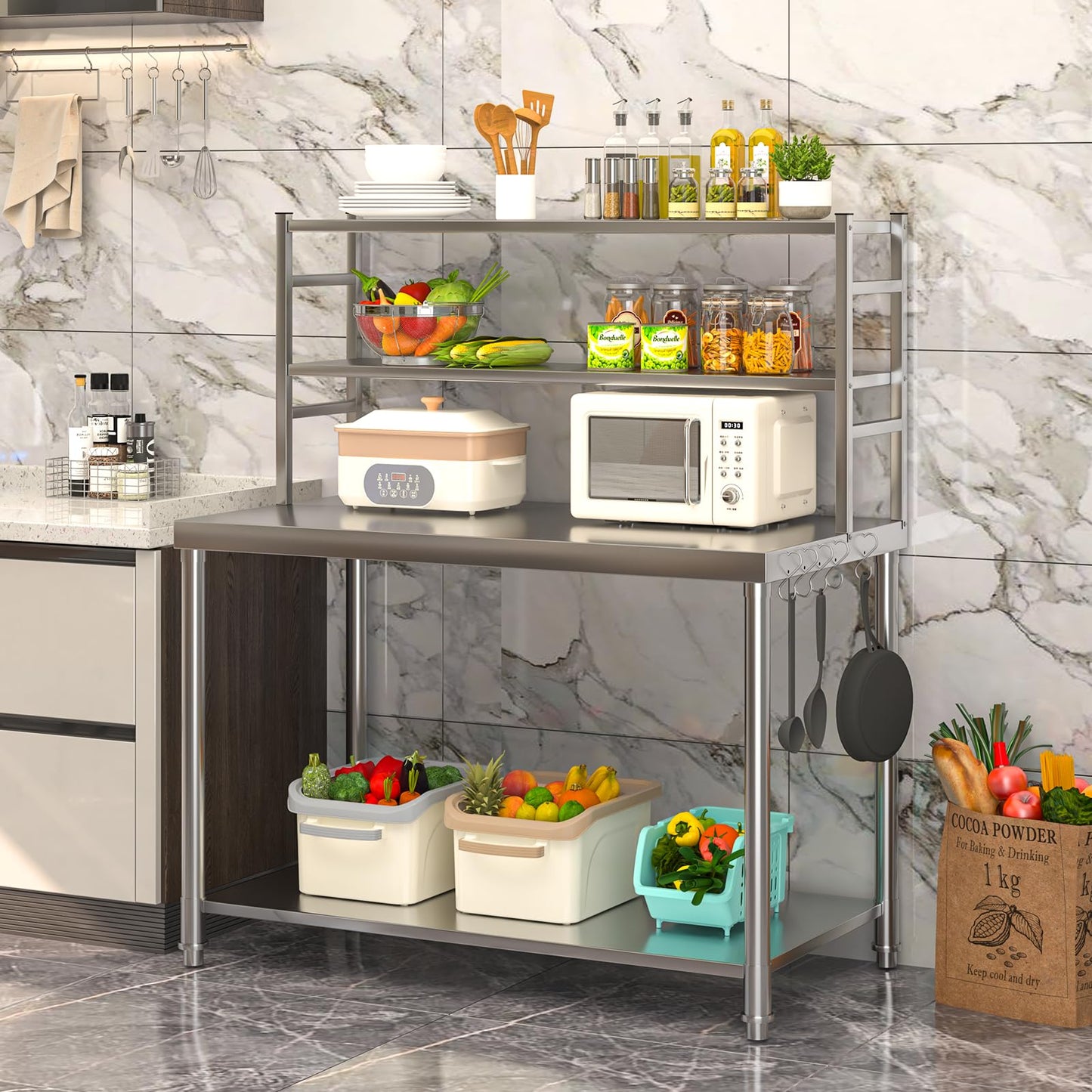 JFHID Stainless Steel Table with Shelves 48"x24" Prep Table for Commercial Kitchen Steel Countertop with 2 Adjustable Tier Overshelves Worktable Workbench for Home Restaurant (Large)