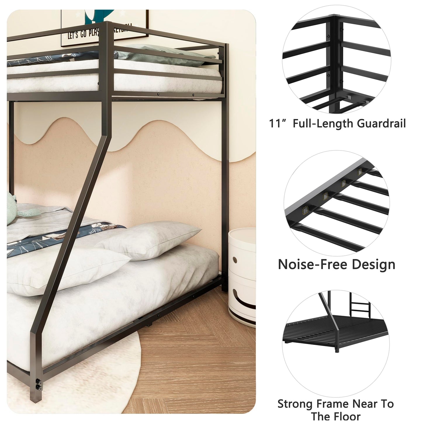 Bunk Bed Twin Over Full Size,54-inch High Metal Low Bunk Bed Frame with 11-inch High Guard Rails,Silent Footrest,Removable Mounted Bed Ladder,Perfect for Home and Dorms,Bunk Beds for Hostels,Black