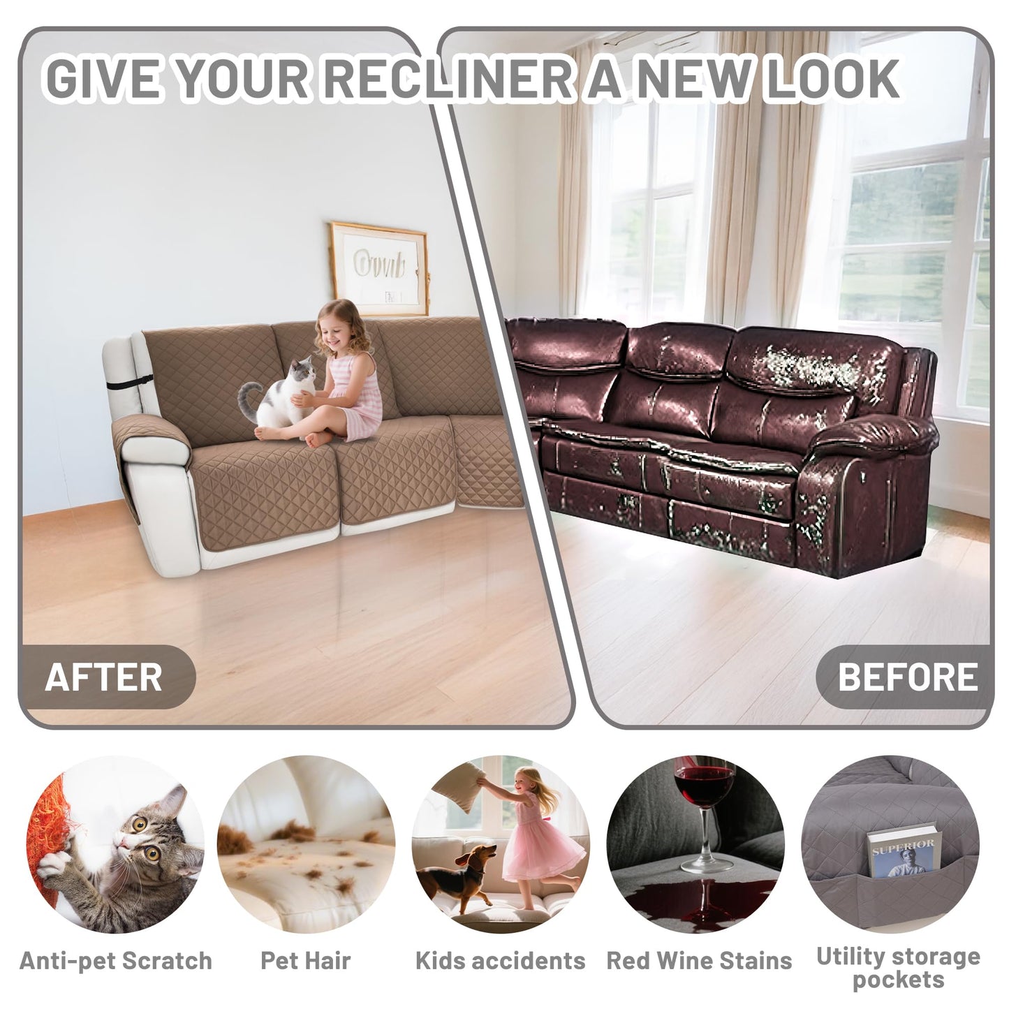 ROFASVCO Waterproof Sectional Reclining Couch Covers L Shaped Recliner Sectional Sofa Cover 7 Piece Non Slip Washable Corner Recliner Slipcover Set for Pet Dog (5 Seater Cover, Light Coffee)