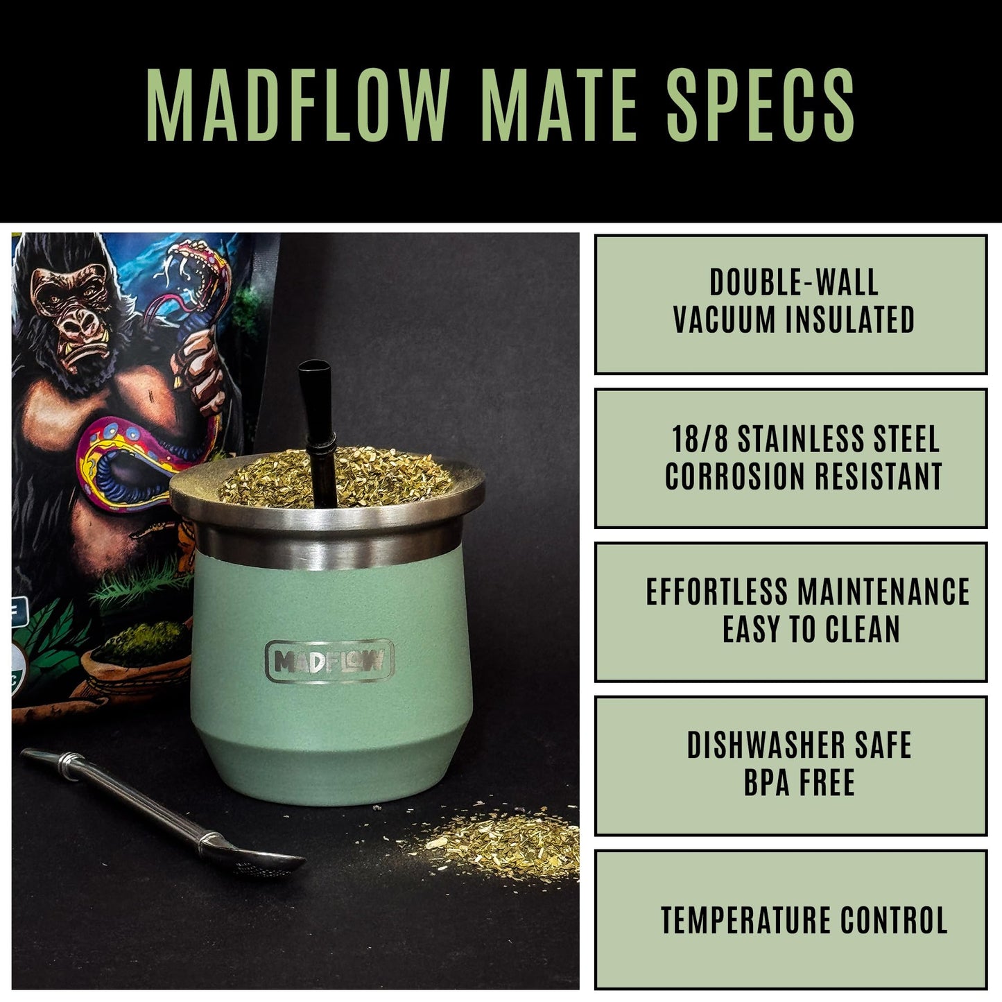 MADFLOW Yerba Mate Cup. Stainless Steel Mate Cup with 2 Bombillas. Double Wall Vacuum Insulated Yerba Mate Gourd. Unique Gourd And Bombilla Set