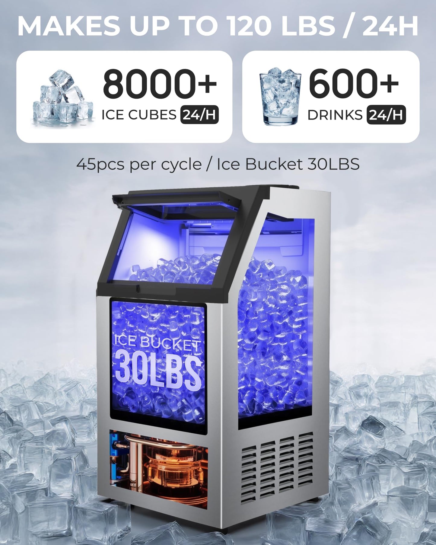 Quyndor Commercial Ice Maker Machine 120LBS/Day, Undercounter Ice Makers30LBS Storage Bin and 45 Ice Trays, Icemaker Machine Double Water Inlet with Water Line, Ice Scoop