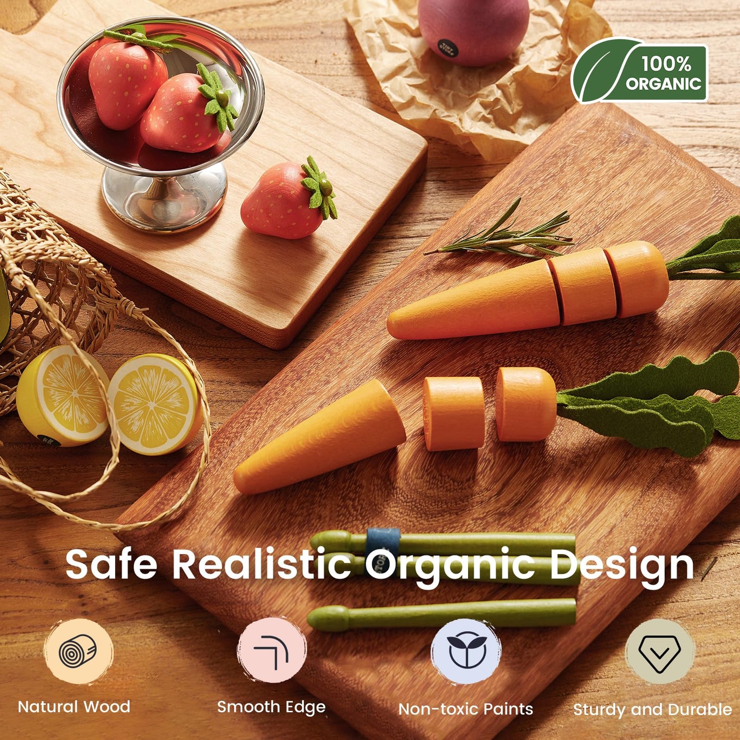 Tiny Land Organic Wooden Vegetable & Fruit Play Set – 7PCS Pretend Food for Kids, Montessori Kitchen Toy for Toddlers, Role Play Grocery Gift