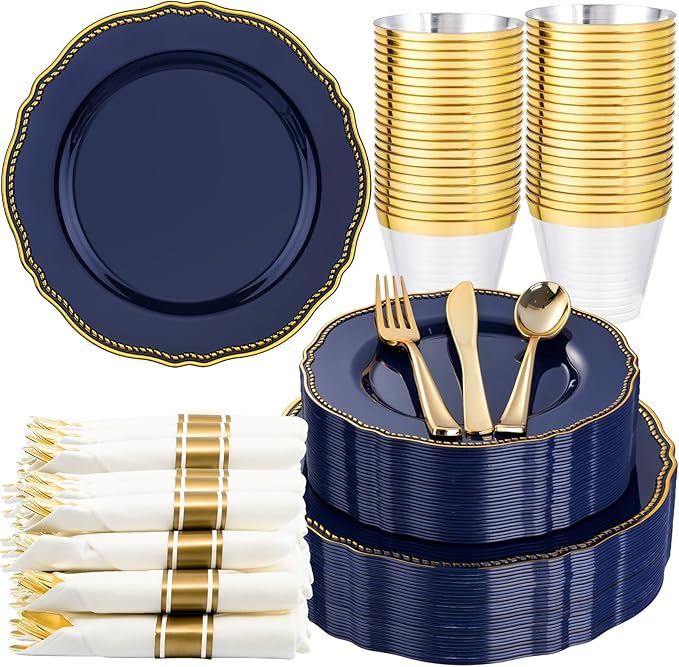 Hioasis 175pcs Blue Gold Plastic Plates - Gold Plastic Dinnerware Set Includes 25 Dinner Plates, 25 Dessert Dinnerware, 25...