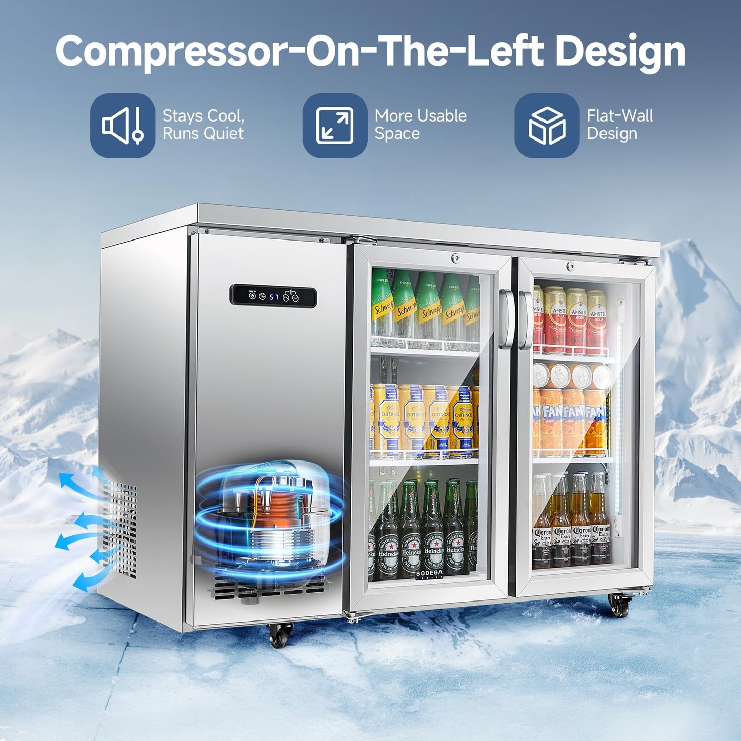 BODEGACOOLER Commercial Cooler with 2 Glass Doors, 12 Cu.Ft Stainless Steel Counter Height Back Bar Refrigerator, Beverage Display Fridge for Soda, LED Lighting, SUS304
