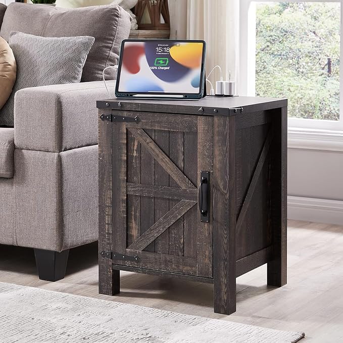 OKD Farmhouse Nightstand Set of 2, 18 Inch Rustic End Table with Charging Station, Barn Door, Adjustable Storage Shelf, Wood Sofa Side Table for Living Room, Bedroom, Dark Rustic Oak