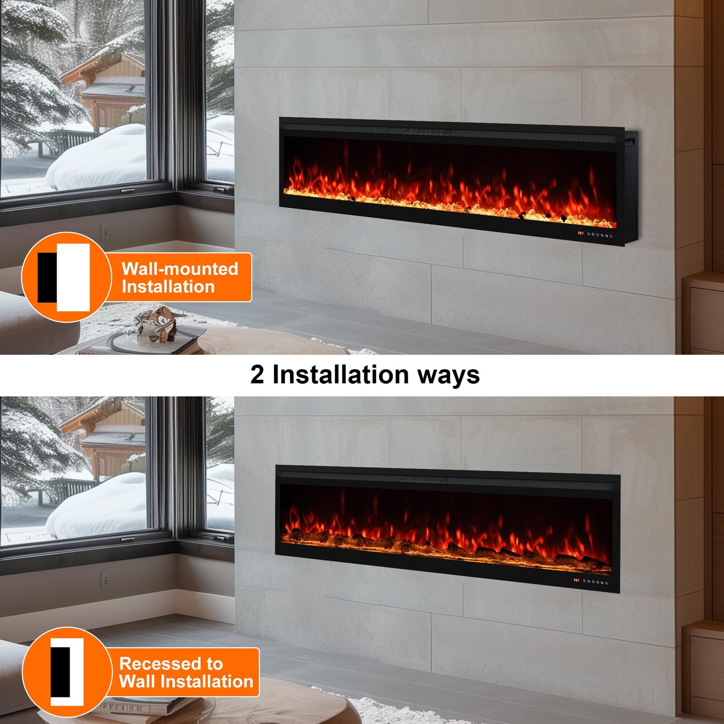 Oxhark Flame Linear Smart WiFi Electric Fireplace 72 Inch, APP & Touch Screen & Remote Control, 169 Realistic Flame Color Combinations, Timer & Thermostat Fireplace Heater,1500W
