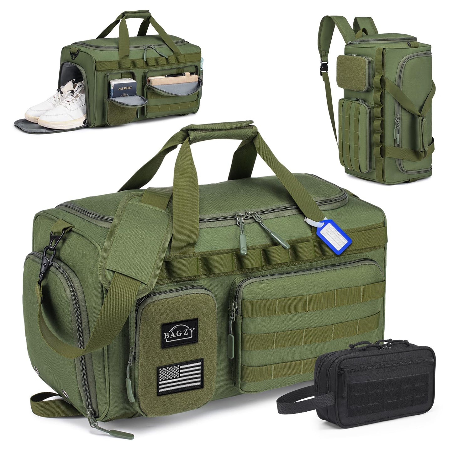 BAGZY Tactical Gym Bags for Men 3 In 1 Travel Duffle Bag 40L with Shoe Compartment Travel Backpack Fitness Weekender Deployment with 1pcs Tactical Toiletry Bag Green