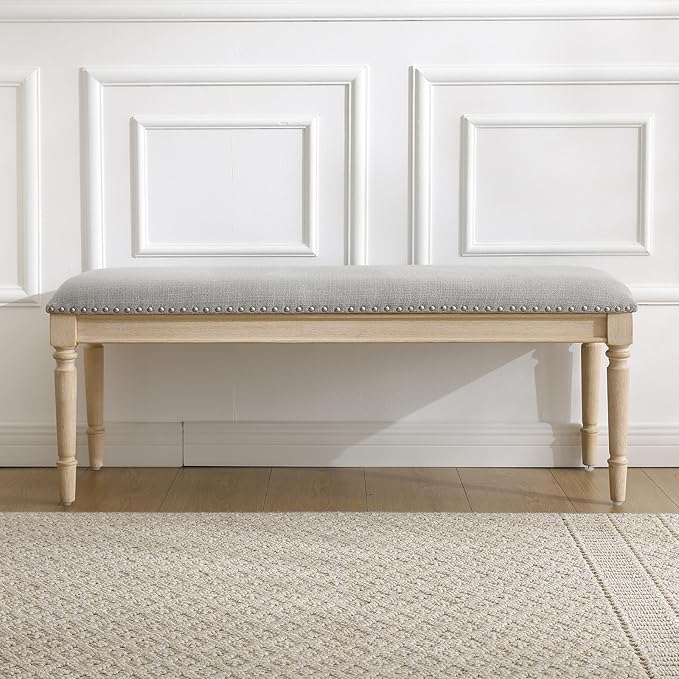 DM Furniture 46'' French Country Entryway Bench Wooden Linen Fabric Upholstered Seat Dinng Bench with Nailhead Trim for Hallway End of Bed, Grey