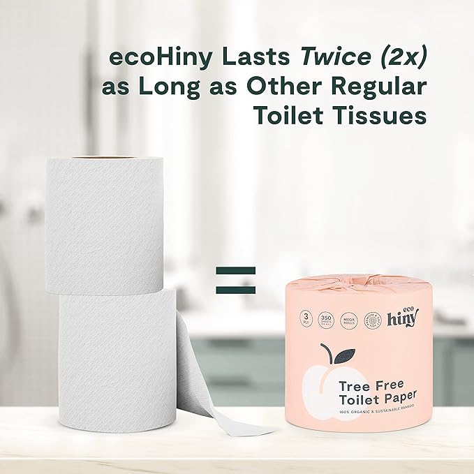 ecoHiny Premium & Soft Bamboo Toilet Paper | PFAS Free | 12 Mega Rolls, 3 ply & 350 Sheets | Non Toxic, FSC Certified, Septic Safe, BPA Free | Tree Free Toilet Tissue | Plastic Free Packaging