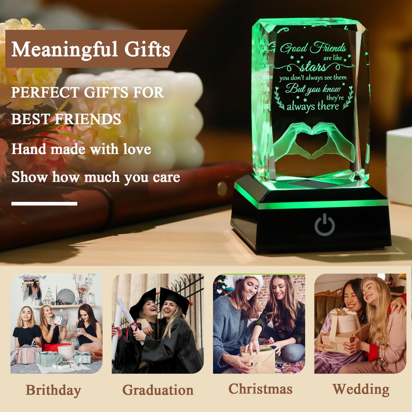 Enjinkail Bestfriend Unique Gifts for Women Birthday Crystal Keepsake with Colorful Led Base, 3D Engraved Friendship Plaque Bestie Gifts for Graduation Valentines Christmas Mothers Day