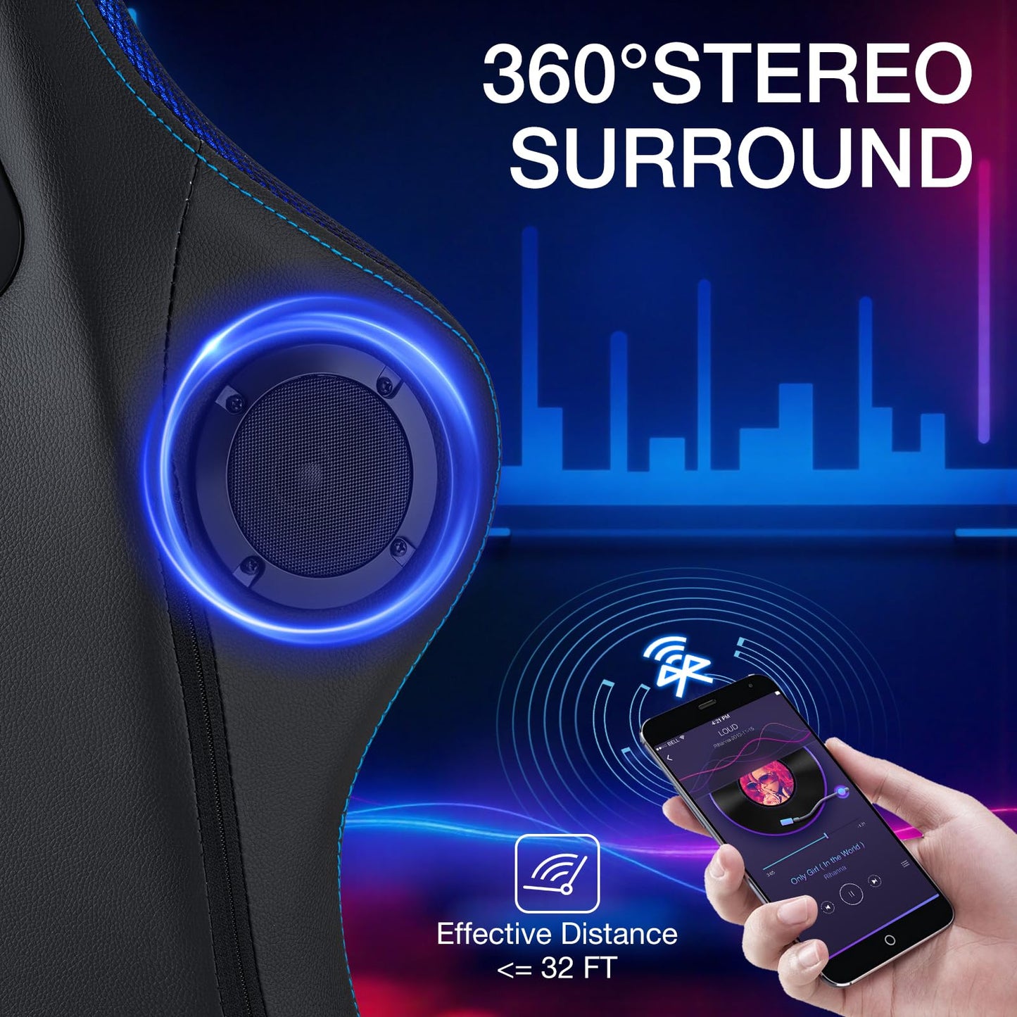 HOFFREE Gaming Chair with Music Rhythm RGB LED Lights and Bluetooth Speakers Ergonomic Massage Computer Gaming Chair with Footrest Video Game Chair High Back with Lumbar Support Blue and Black