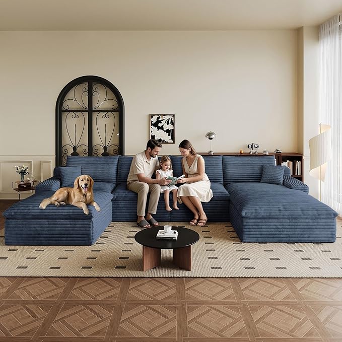 136" Cloud Sectional Couch U-Shaped Chaise with Ottoman, Corduroy Boneless Couch for Living Room Bedroom, Deep-Seat Upholstered Modular Cloud Sofa, No Assembly Required (Blue, Right Facing Chaise)