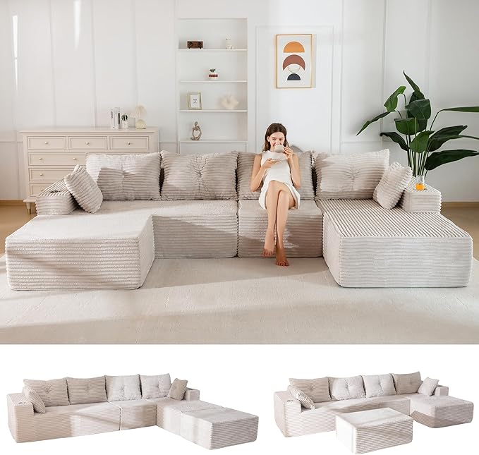 MAXYOYO 132" Giant U-Shaped Modular Sectional Couch, Modern Boneless Couch for Living Room, Sofa in A Box, Oversized Sofa Sleeper with Deep Seat, No Assembly Required, Grayish Beige