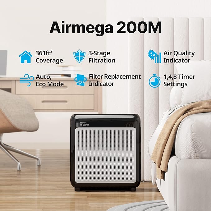COWAY Air Purifiers for Home Up to 1,748ft², True HEPA Filter for Smoke, Allergies, Pet Dander, Odor, Air Quality Monitor, Auto&Eco Mode, Timer, Filter Indicator, 3yr Warranty, 200M, Black