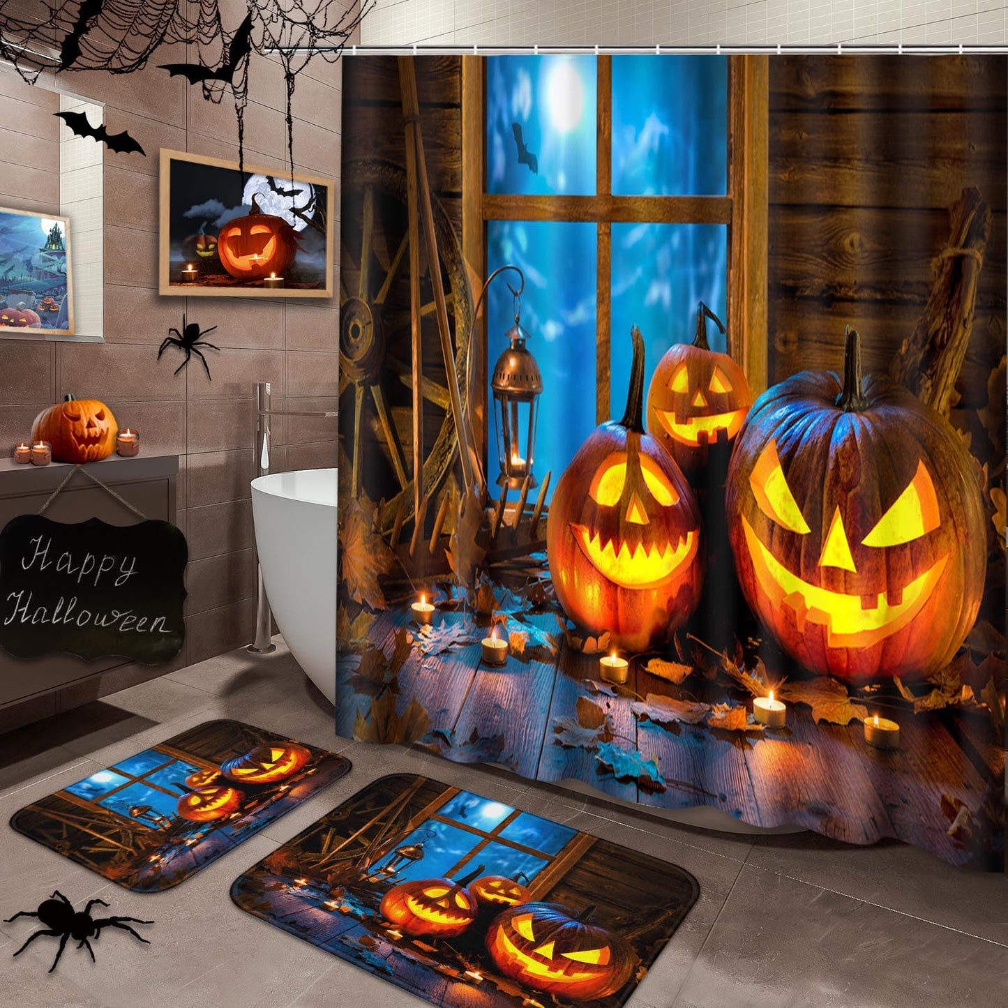 Arttown Halloween Night Bathroom Sets with Shower Curtain and Rugs and Accessories, Pumpkin Ghost Black Shower Curtain Sets, Spooky Shower Curtains for Bathroom, All Saints' Day Bathroom Decor 3 Pcs
