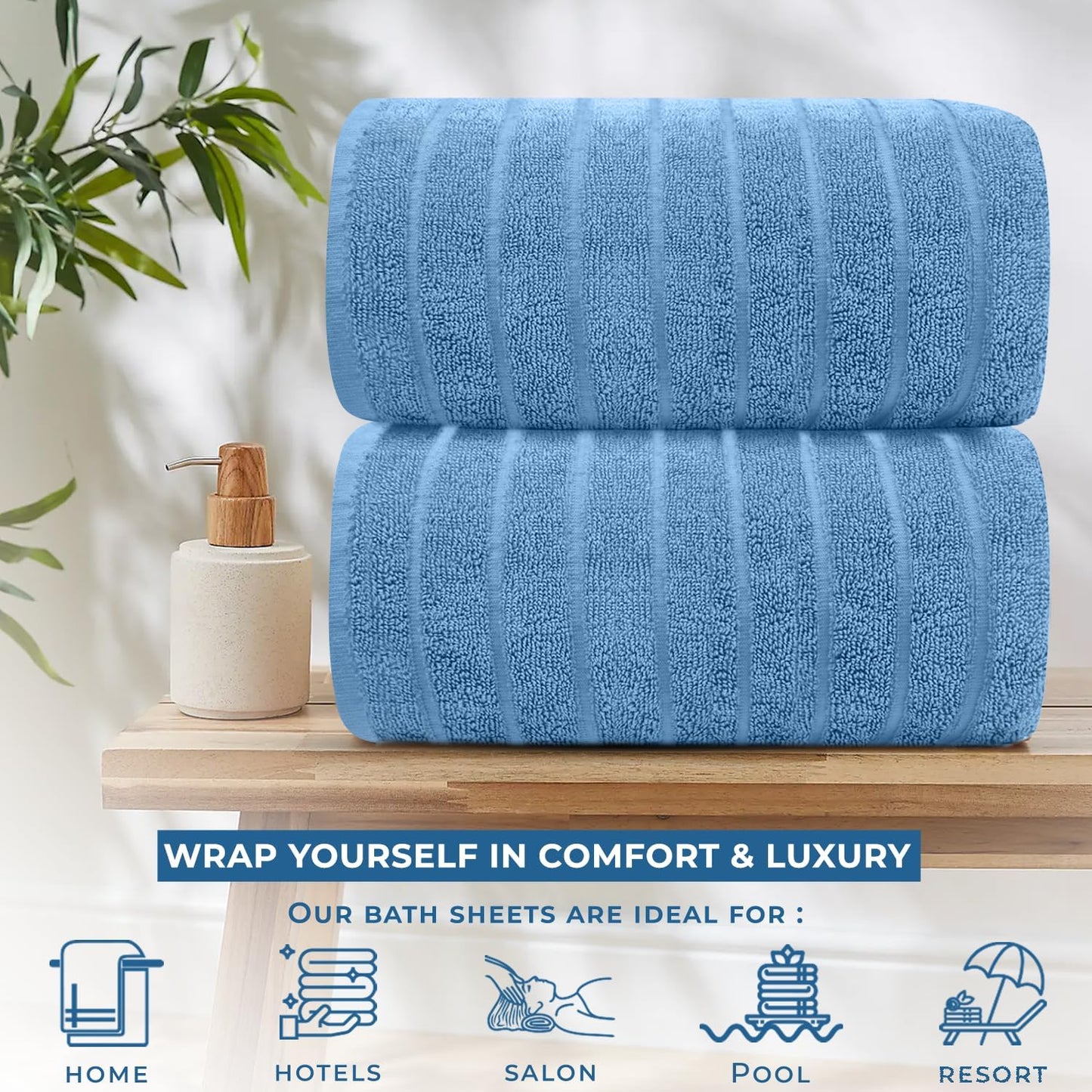 DAN RIVER Pack of 2 Bath Sheet 35x70 Inches, Ribbed Luxury Bath Towel Set, Extra Large and Quick Dry Soft Cotton Towels - Medium Blue