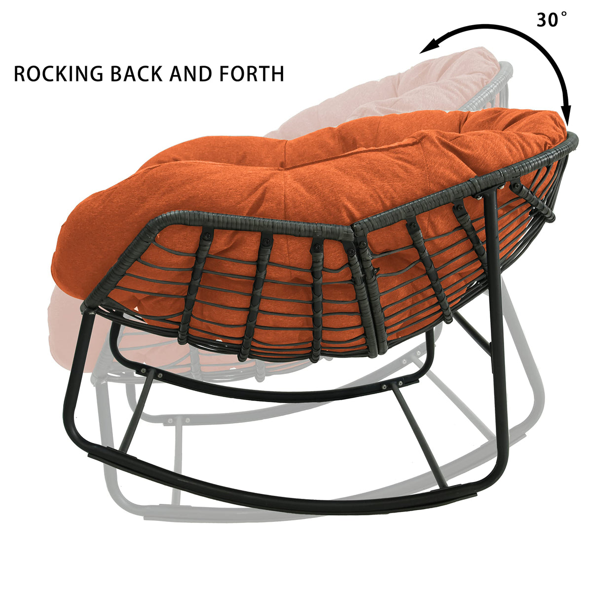 Outdoor Papasan Rocking Chair - Oversized Rattan Egg Chair with Thick Cushion, 330 lbs Capacity, Waterproof Wicker Lounge Chair for Patio, Porch, Living Room, Bedroom, Balcony & Garden (Orange)