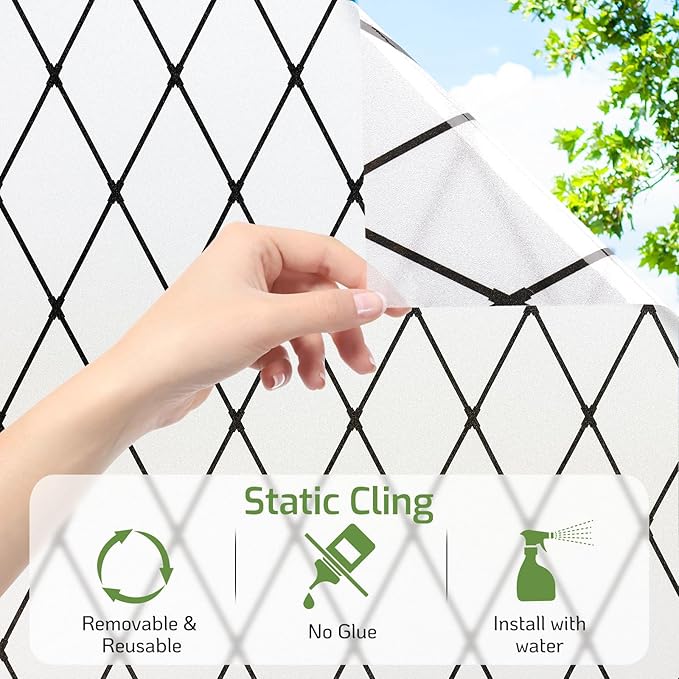 LUTE Frosted Window Privacy Film, Static Cling UV Sun Blocking Heat Control Window Cover, Removable Non-Adhesive Glass Sticker Vinyl Decorative Bathroom Frosting Decals, Black Lattice, 23.6" x 118.1"