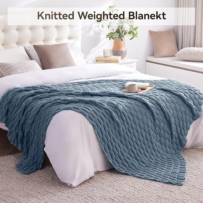 Knitted Weighted Blanket Kids, No Beads Heavy Blanket 36” x 48'' 5lbs, Breathable Chunky Knit Blanket, Cooling Weighted Blanket for Hot Sleepers, Christmas Home Decor (Light Blue)