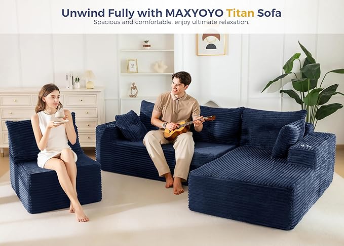 MAXYOYO 132" Oversize Modular Sectional Couch with L-Shape Chaise, Modern Boneless Couch for Living Room, Sofa in A Box, Oversized Sofa Sleeper with Deep Seat, No Assembly Required, Navy