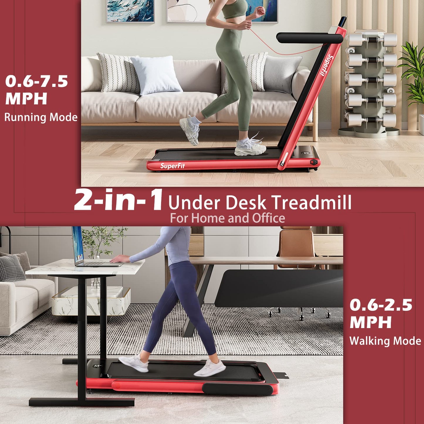 Goplus 2 in 1 Under Desk Treadmill, 2.5HP Superfit Folding Treadmills for Home Office w/Smart APP, Remote Control, LED Display, Bluetooth Speaker, Foldable Walking Jogging Machine (Red)