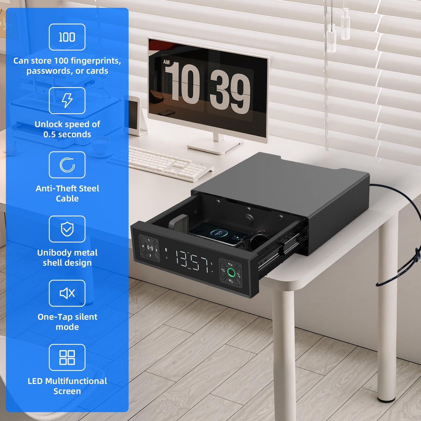 Medunor Smart Safety Box, Biometric Gun Safe for Handguns, Portable Security Safe with Fingerprint Lock, RFID Card, Keys, Anti-Theft Steel Cable, for Home & Travel, USB Charging, 2.4L Capacity