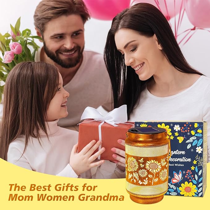 2 Pack Sunflower Solar Lanterns Outdoor Waterproof Solar Garden Decor, Birthday Gifts for Christmas Women Mom Grandma, Metal Hanging Lights with Shepherd Hook for Outside Yard Patio Pathway Backyard