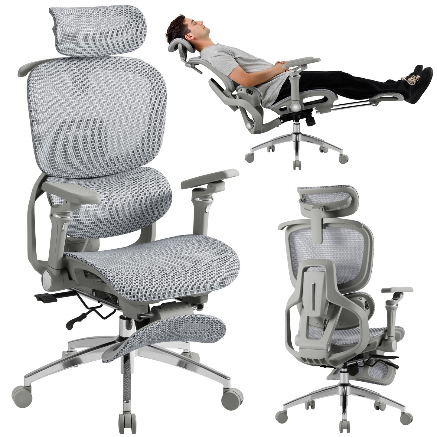 Furmax Ergonomic Office Chair, High Back Executive Chair with Heated Massage Lumbar Support, 6D Armrests, Adjustable Headrest & Footrest, Breathable Full-Mesh Design, Gray