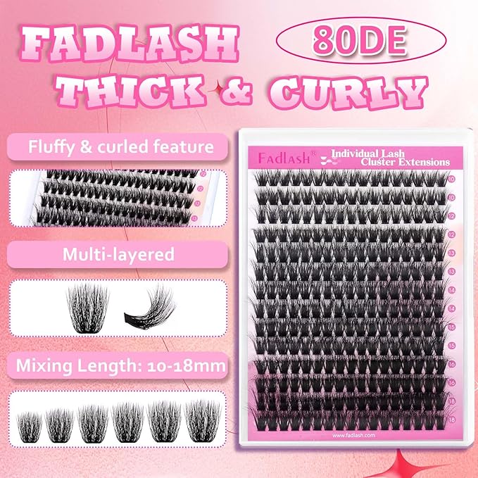 FADLASH Lash Extension Kit 80D Lash Clusters D Curl DIY Eyelash Extension Kit with Lash Bond and Seal Lash Applicator 3D Effect Lash Cluster Kit fluffy (80D Kit, Mix 10-18mm)
